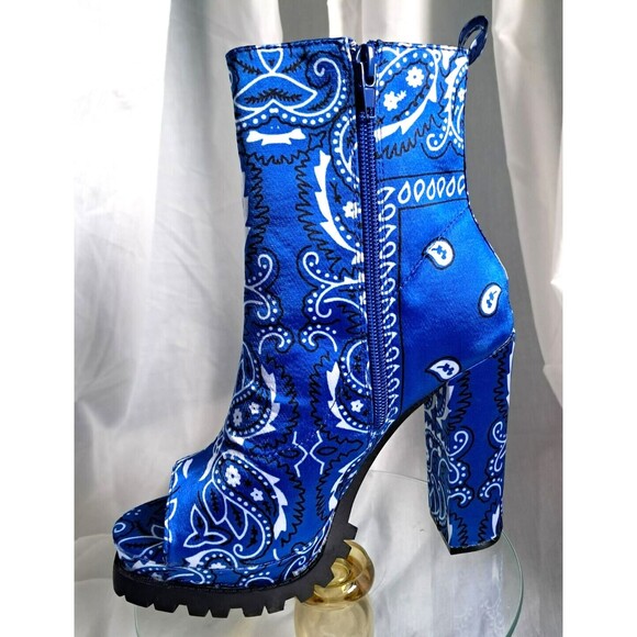 NEW Mata Blue Bandana Chunky Heel Peep Toe Boots Size 6 - Picture 2 of 10